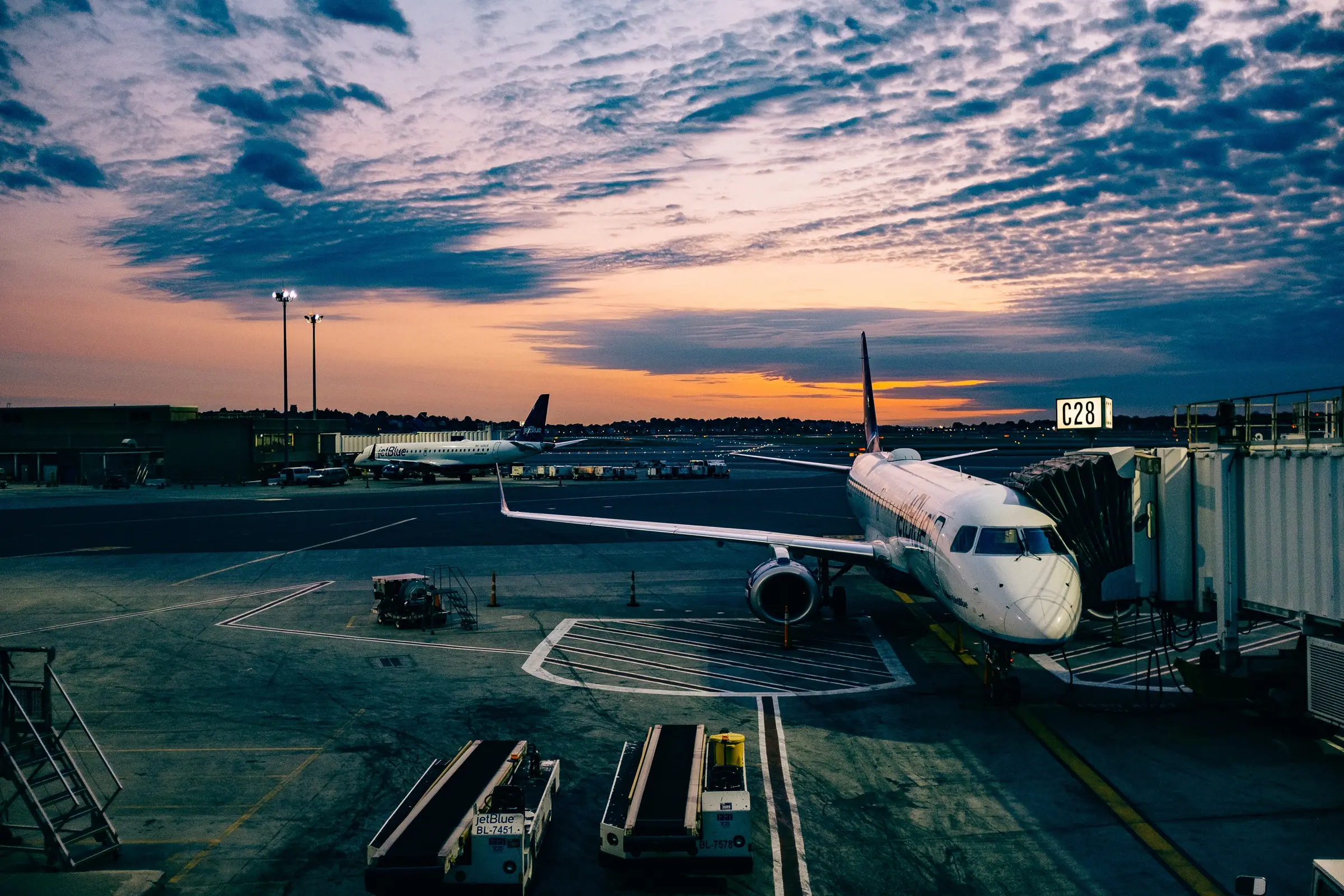 Airliner at the gate at dusk